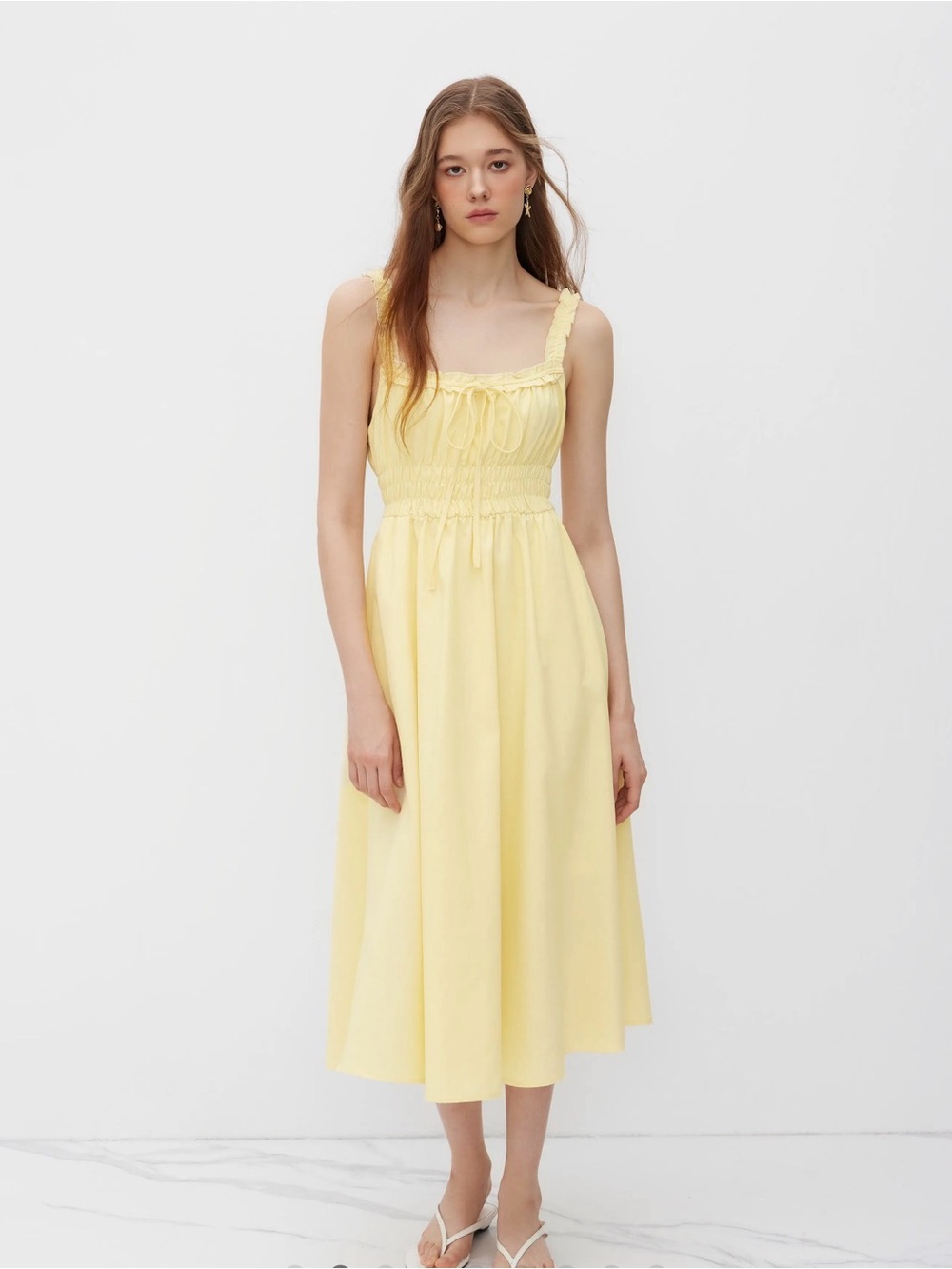 CIDER Light Yellow Ruffle Smocked Waist Midi Dress XXS NWT